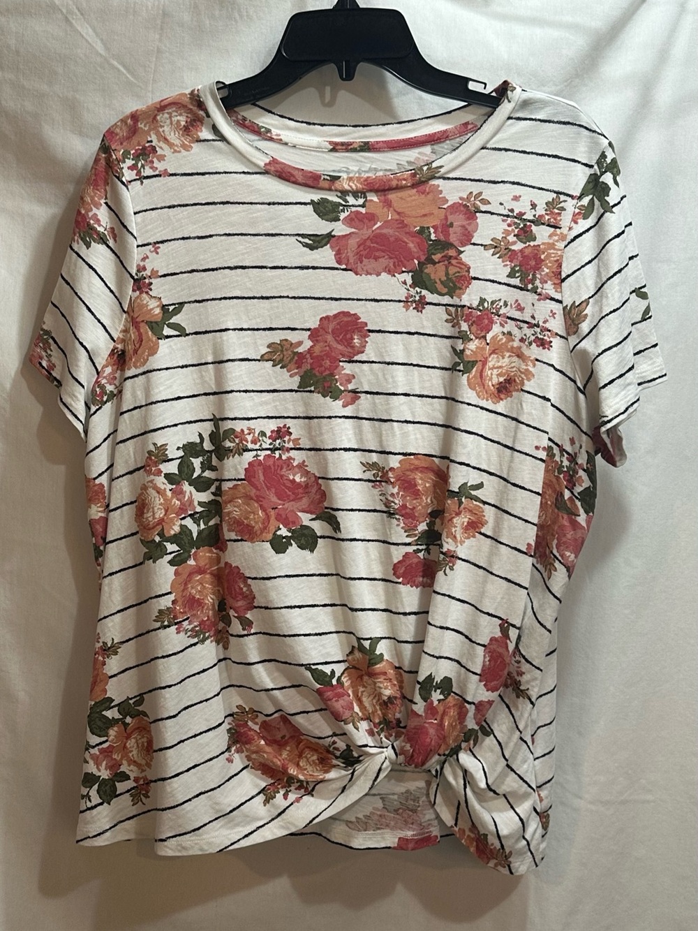 Maurices 24/7 White Striped Floral Knot Front Tee.